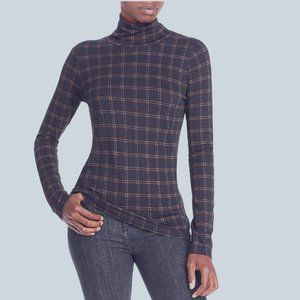 Vince Hazy Plaid Turtleneck Top (Black/Brown, XS)
